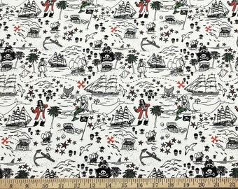 Pirates, Sirens, Whales and Ships Treasure Map Print Single Spandex Swimwear Fabric by the Yard