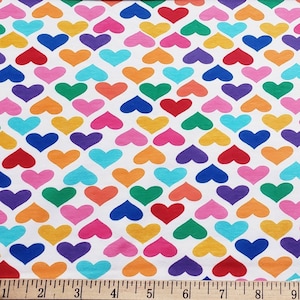 Colorful Hearts on White Lightweight Cotton Spandex Jersey Fabric by the Yard