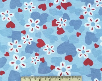 Blue Hearts and Flowers Cotton Jersey Fabric - Premium Quality, By the Yard