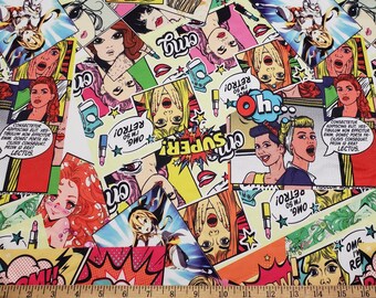 Pop Art Collage Print DTY Knit Fabric - Comic Book Manga Style (Slightly Flawed)