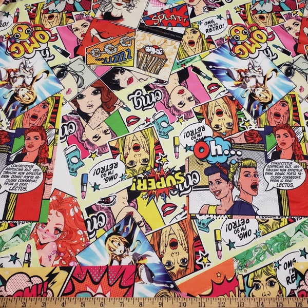 Girls and Women's Pop Art Collage Print DTY Poly Spandex Knit Fabric - Slightly Flawed - By the Yard