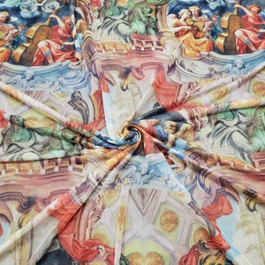 Fresco Painting Style Print on 4-Way Stretch Power Mesh Fabric by the Yard