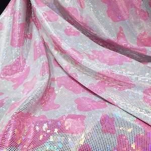 Pink and White Cow Print 4-Way Stretch Fabric with a Shattered Glass Rainbow Metallic Foil Micro Dots