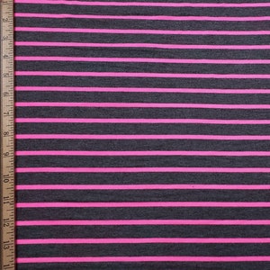 Bright Pink Stripes on Charcoal Rayon Spandex Jersey Knit Fabric Sold in 30&quot;x36&quot; Cuts