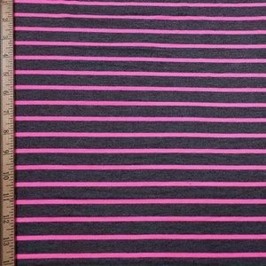 Bright Pink Stripes on Charcoal Rayon Spandex Jersey Knit Fabric Sold in 30"x36" Cuts