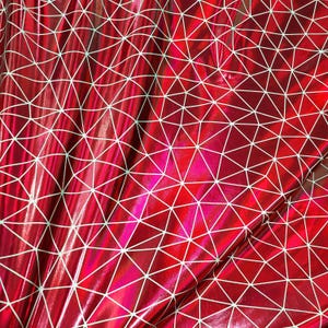 Shattered Glass Red Metallic Foil 4-Way Stretch Nylon Spandex Fabric – Geometric Triangle Pattern Perfect for Costumes, Dancewear, etc.