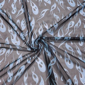 Blue Flame Print Power Mesh Fabric | 4-Way Stretch Nylon Spandex | Sheer Black Mesh by the Yard | Festival Lingerie Swimwear Fabric