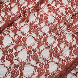 Puede incluir: Primer plano de una tela de encaje roja con un estampado floral. El delicado encaje presenta un diseño repetitivo de flores y vides, creando una apariencia texturizada e intrincada. La tela es semitransparente, con una estética suave y romántica.