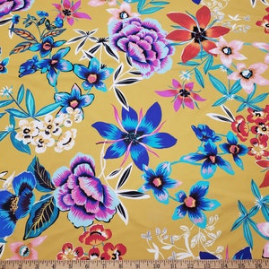 Assorted Painted Flowers Mix Nylon on Mustardy Yellow - Swimwear Nylon Spandex Fabric