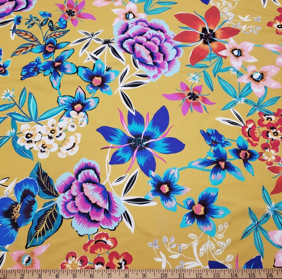Assorted Painted Flowers Mix Nylon on Mustardy Yellow - Swimwear Nylon Spandex Fabric