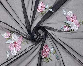Embroidered Orchids Mesh Fabric – 2-Way Stretch Black Sheer Poly Spandex by the Yard