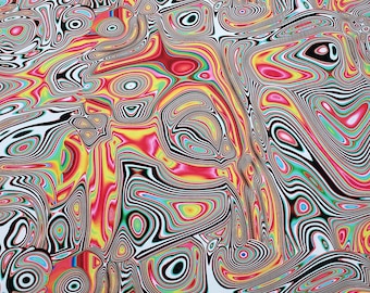 May include: Abstract psychedelic pattern fabric with swirling black, white, red, yellow, green, and blue lines and circles.