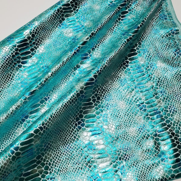 Metallic Exotic Aquamarine Mermaid Dragon Scales on Waterfall Green Crushed Ice Velvet Fabric