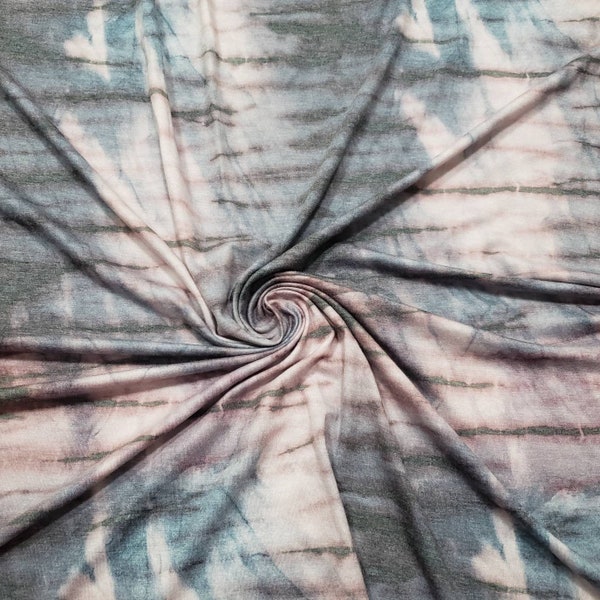 Blush Pink, Blue, and Gray Tie Dye Stretch Fabric - Abstract Distressed Design