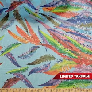 Blue Chiffon Colorful Feathers Print Fabric by the Yard