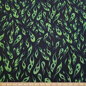Green Flame Print Power Mesh Fabric | 4-Way Stretch Nylon Spandex | Sheer Black Mesh by the Yard | Festival Lingerie Swimwear Fabric