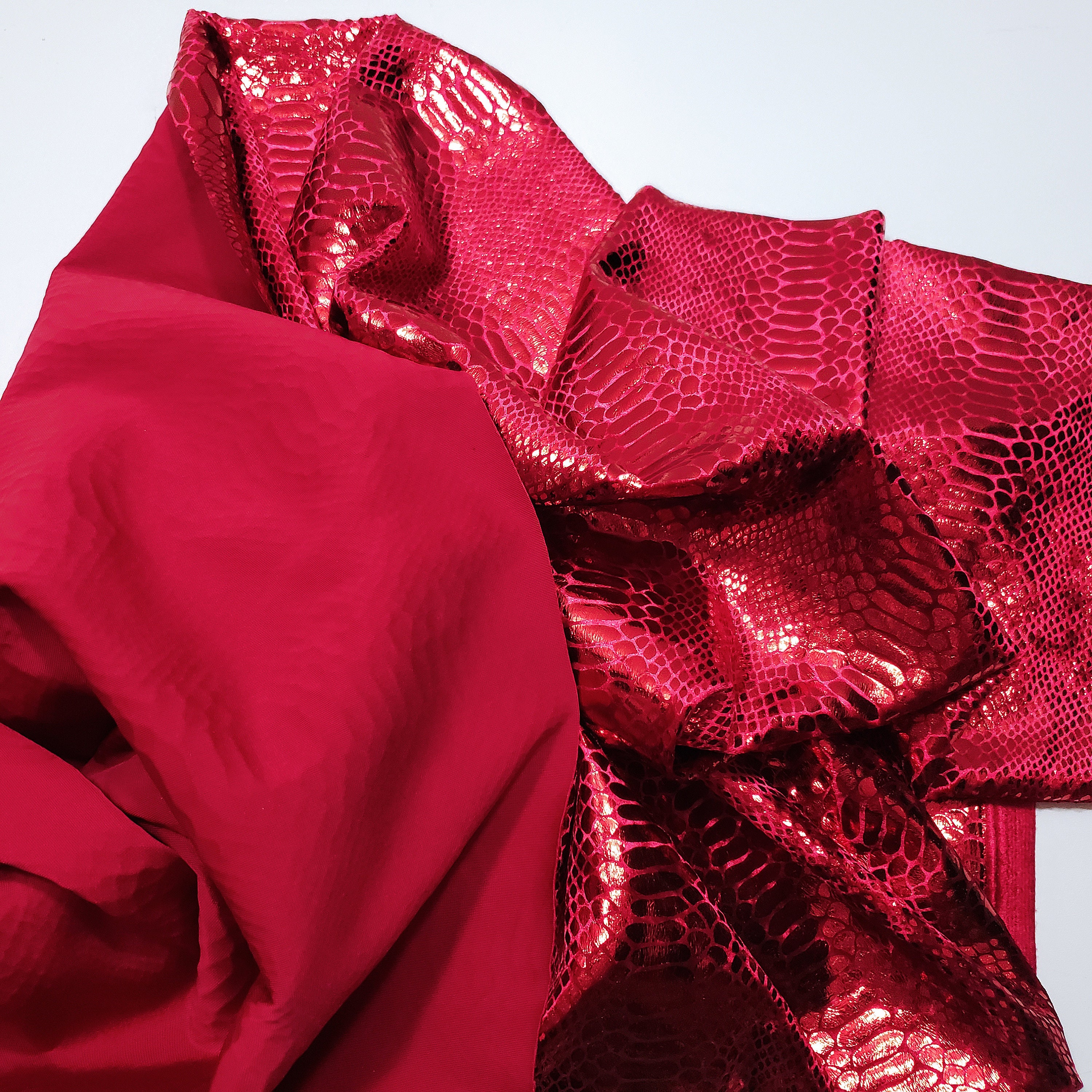 Metallic Exotic Dragon Scales Red Foil on Burgundy Crushed Ice Velvet 4-Way Stretch  Fabric by The Yard 