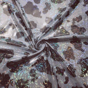 Shattered Glass Metallic Hologram Dark Brown and White Cow Print 4-Way Stretch Nylon Spandex Fabric - Rainbow Shine Nylon Spandex