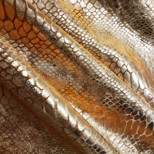 Ochre Foil Metallic Exotic Dragon Scales on Brown 4-Way Stretch Crushed Ice Velvet Fabric