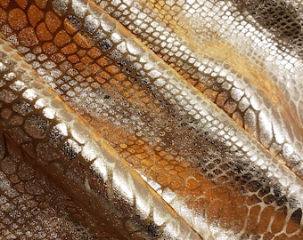 Ochre Foil Metallic Exotic Dragon Scales on Brown 4-Way Stretch Crushed Ice Velvet Fabric