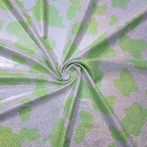 Lime Green and White Colorful Foggy Foil Metallic Cow Print 4-Way Stretch Spandex Fabric