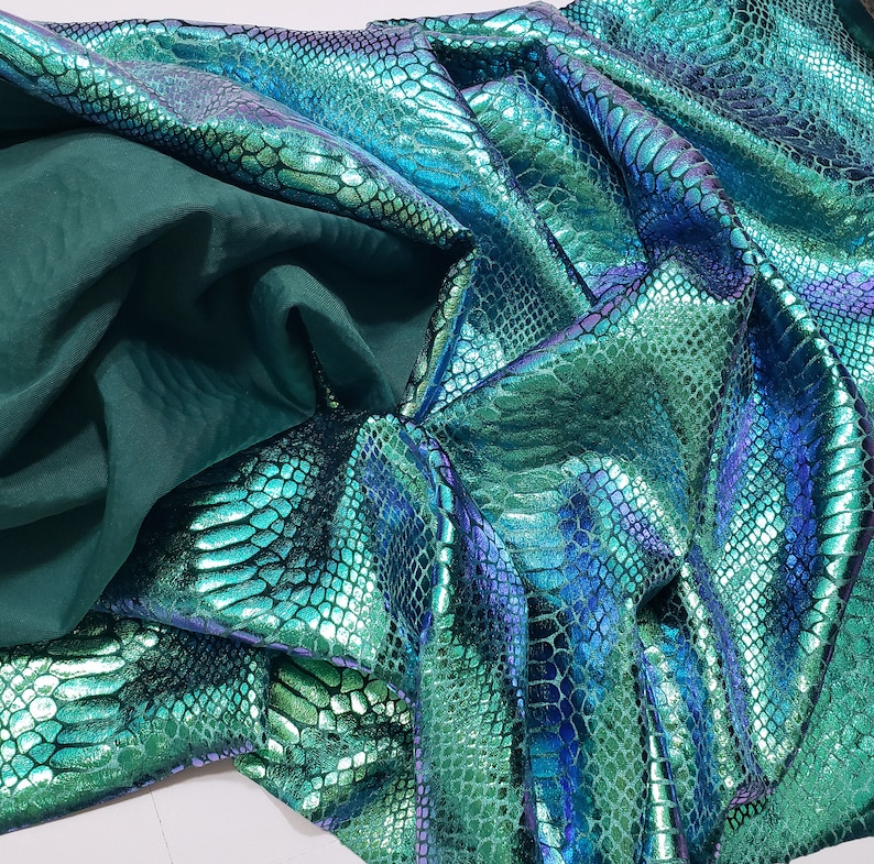 Deep Sea Green Metallic Exotic Two Tone Dragon Scales on Hunter Green Crushed Ice Velvet Fabric by the Yard image 5