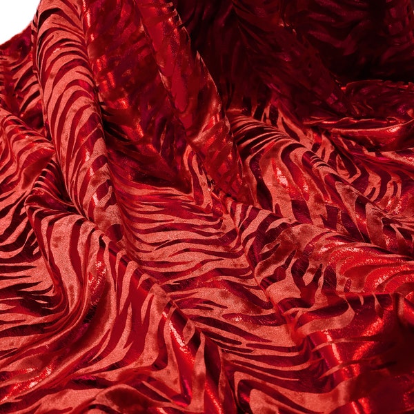 Zebra/Tiger Candy Red Metallic Foil on Crimson Red Crushed Velvet Fabric | Perfect for Cosplays, Apparel, Pillows, and Decor