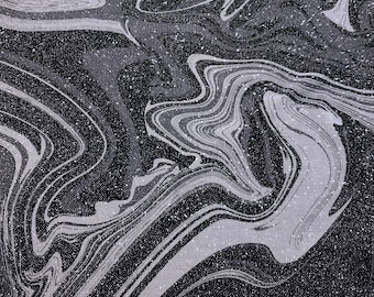 Silver Glitter Marble Swirl Stretch Mesh Fabric – Black & Gray Abstract Print