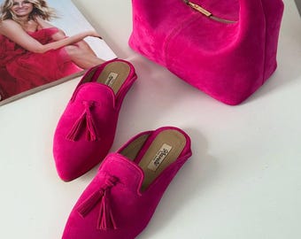 Handgefertigte Wildleder Pantoletten, Rosa Schuhe, Pantoletten Flache Schuhe Frauen, Rosa Wildleder, Damenschuhe, Geschenk für Sie