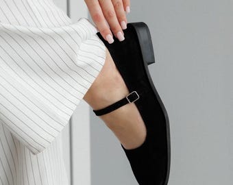 Square Toe Mary Jane Wildleder Schwarze Schuhe, Handgefertigte Wohnungen, Low Heel Mary Jane, Arbeitsschuhe