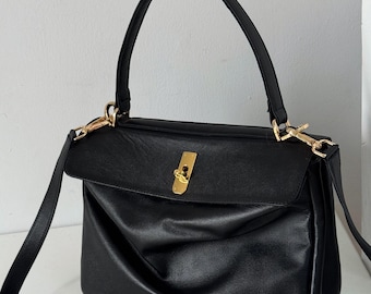 Elegant Black Leather Shoulder Bag, Ladies Classic Handbag - Genuine Luxury Leather Minimal Bag - Unique Gift for Her, Black Leather Purse