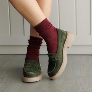 Suede Womens Loafers - Low Heel Elegant Shoes, Everyday Flats - Gift for Wife, Stylish Khaki Suede Handmade Shoes