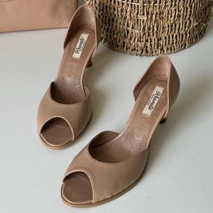 Dress Shoes, Beige Leaher Shoes for Women - Unique Comfortable Low Heel Footwear, Birthday Gift For Her, Beige Leaher Heels