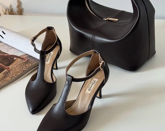 Elegant Black Leather Heels - Classic Leather Women's Shoes Low Heel, Dress Shoes, Handmade Footwear for Mom Birthday, Bridesmaid Gift
