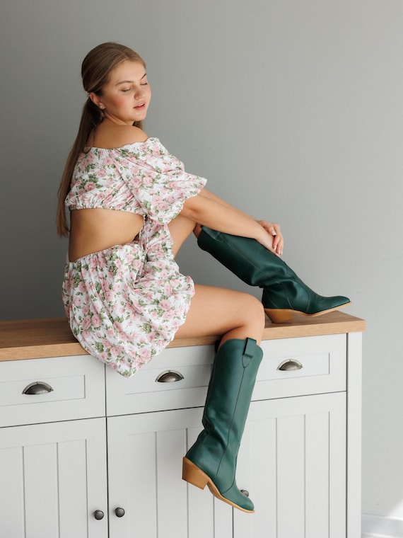 green dress cowboy boots Boots, Leather Booties - Unique Handmade High Women's Boots, Retro Vintage Womens Footwear Sleeve Style_Strappy