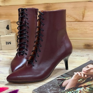 Heeled Ankle Boots with Burgundy Genuine Leather, Handmade Boots For Autumn, Vintage Victorian Leather Boots - Ladies Lace-Up Ankle Shoes