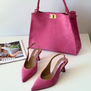 Chic Pink Suede Handbag, Mid Heel Shoes, Gift for Women, Unique Handmade Slingback Shoes, Pink Slingback Heels - Handmade Elegant Footwear