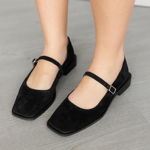 Square Toe Mary Janes for Women - Low Heel Black Leather Shoes, Black Leather Ballet Flats - Handmade Suede Mary Janes