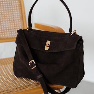 Chocolate Suede Medium Bag, Designer Handbag for Women, Gift Bags For Her, Vintage Shoulder Bag