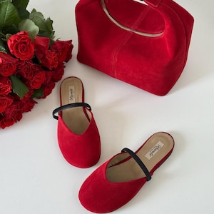 Comfortable Red Suede Mules, Grounding Shoes Women, Elegant Flat Shoes, Slides Shoes, Summer Sandals, Handmade Barefoot Shoes, Mom Gift