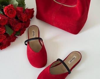 Bequeme Rote Wildleder Pantoletten, Erdungsschuhe Damen, Elegante Flache Schuhe, Slides Schuhe, Sommer Sandalen, Handgemachte Barfuß Schuhe, Mom Geschenk