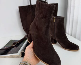Genuine Suede Brown Heels Ankle Boots - Women's Shoes Gift, Stylish Boots, Women Leather Shoes, Heels 6 cm