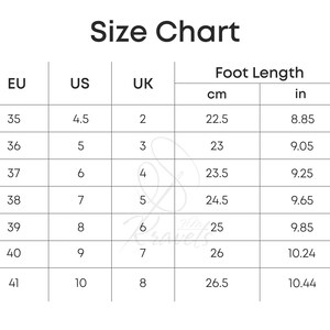 May include: A white size chart with black text, displaying shoe sizes in EU, US, and UK formats, along with foot length in centimeters and inches. The chart includes sizes from EU 35 (8.85 inches) to EU 41 (10.44 inches).