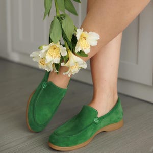 Green Suede Loafers, Women&#39;s Flat Shoes, Comfortable Everyday Footwear, Unique Gift for Her, Handmade Shoes For Women