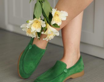 Green Suede Loafers, Women's Flat Shoes, Comfortable Everyday Footwear, Unique Gift for Her, Handmade Shoes For Women