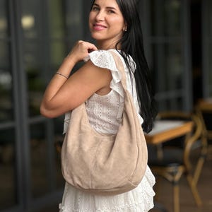 Hobo Bag, Suede Slouchy Hobo Purse, Handmade Large Bag, Beige Suede Hobo Bags For Women, Boho Style Gifts for Her