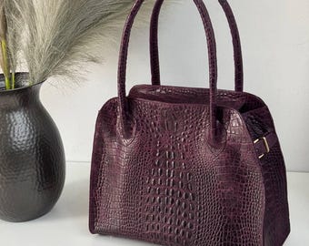 Burgundy Top Handle Bag, Luxury Designer Bag, Leather Gifts for Her, Crocodile Print Women's Office Satchel