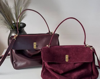 Large Leather Tote Bucket Bag, Burgundy Leather Bag, Everyday Bag, Womens Purse Tote Bag