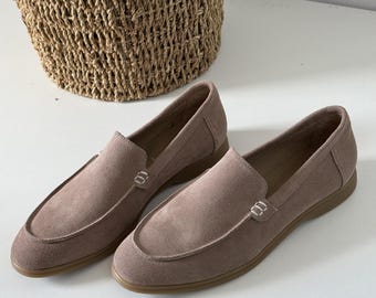 Handmade Women’s Suede Loafers, Comfortable Slip On Flat Shoes, Casual Soft Leather Moccasins, Stylish Everyday Walking Shoes