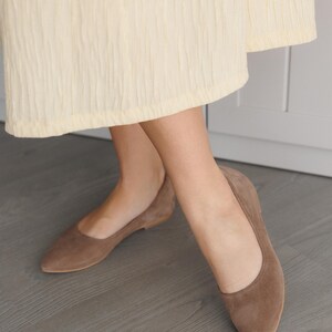 Handmade Comfortable Leather Flats for Women, Suede Pointed or Square Toe Ballet Shoes, Soft Office Barefoot Style in Beige image 2